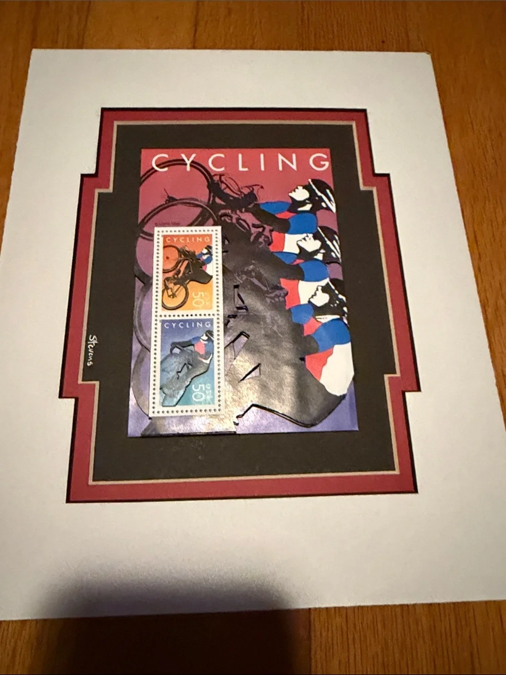 Collectible Cycling Stamps White Mat Wall Accent with Red and Black Trim